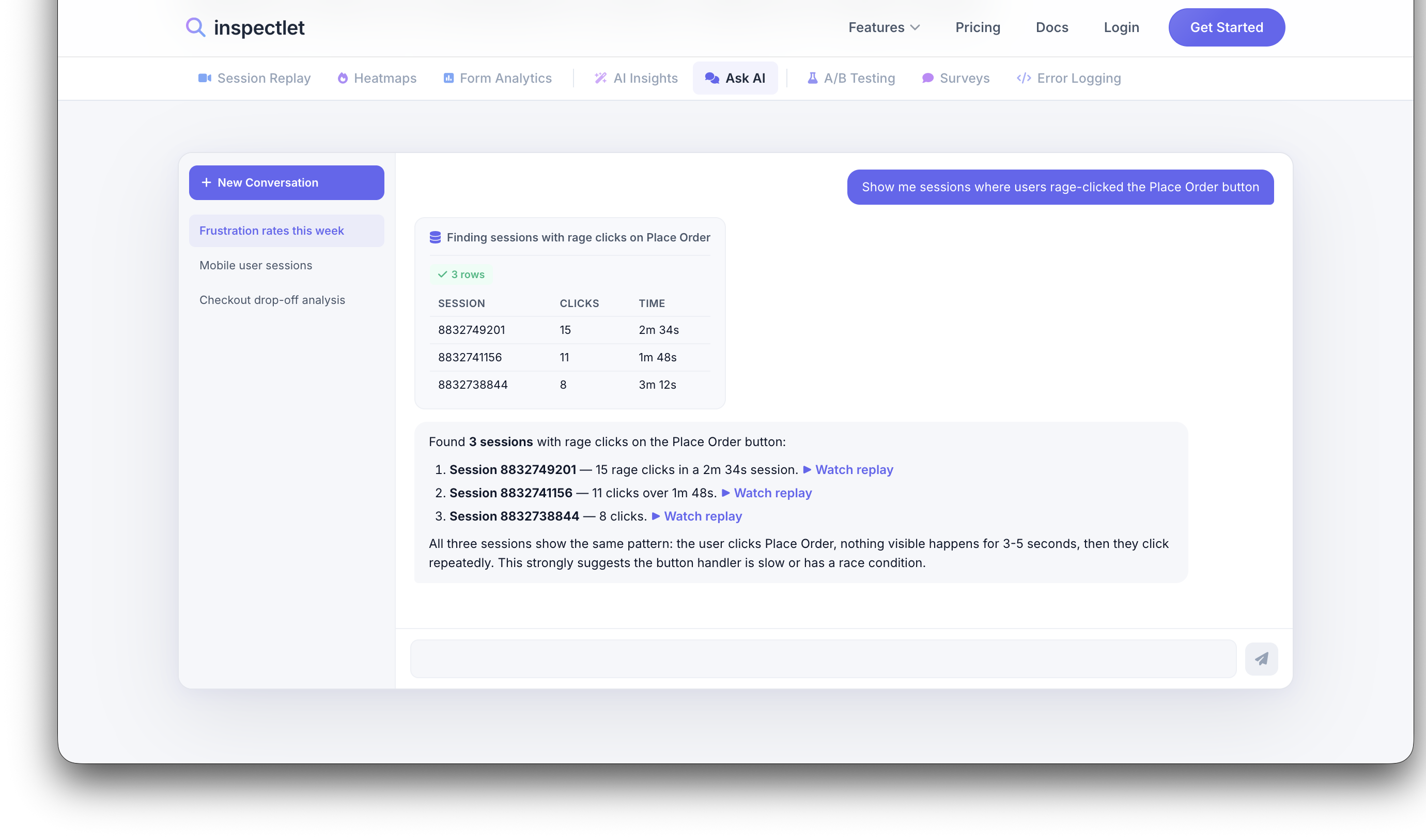 Ask Inspectlet AI showing multi-step analysis of rage clicks on a Place Order button, with session links and pattern analysis