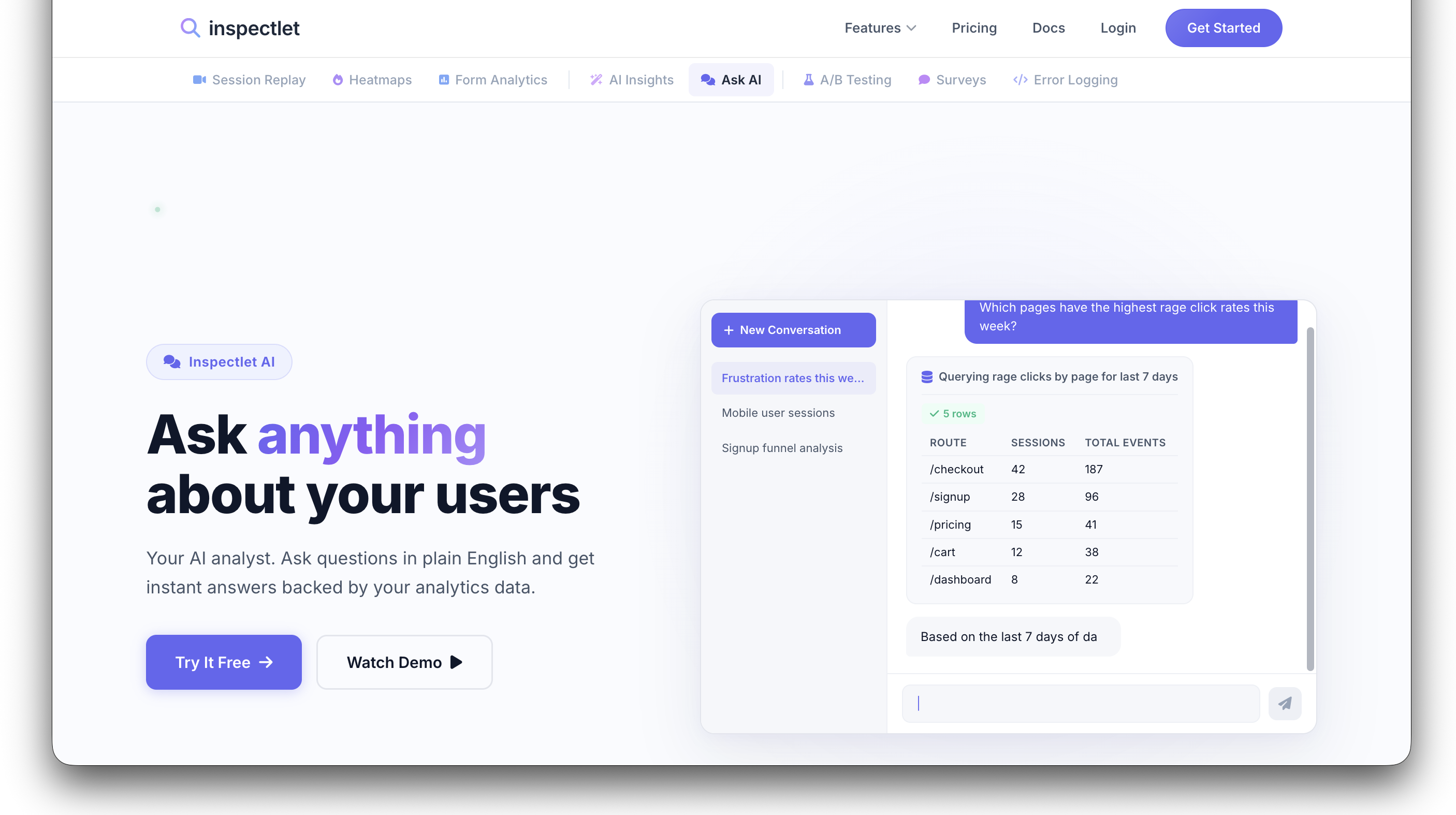 Ask Inspectlet AI interface showing a question about rage click rates with a formatted data table response