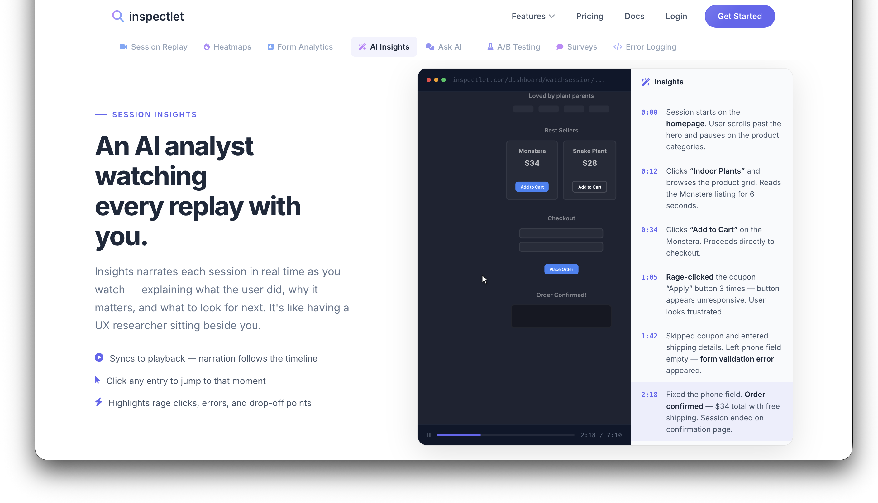 AI Session Insights narrating a session replay in real time, showing timestamped entries alongside the session playback